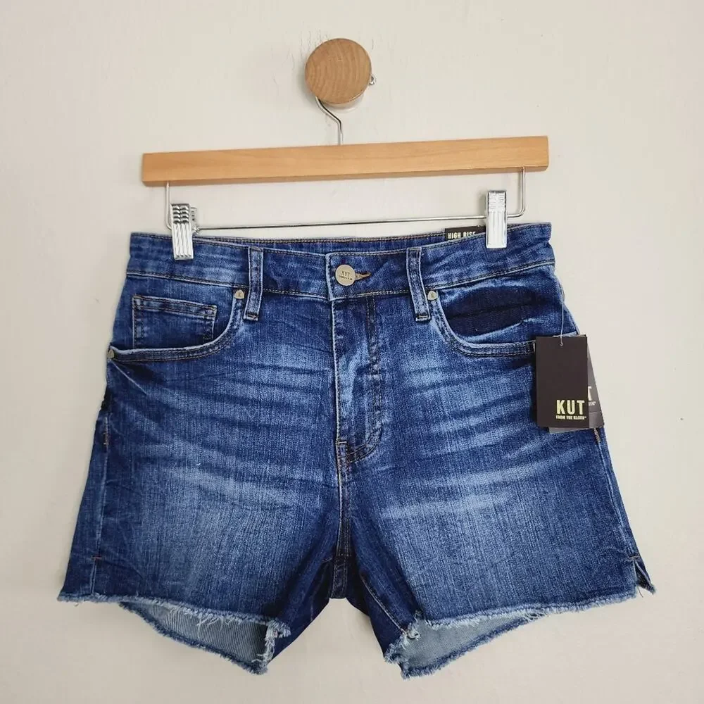 Kut From The Kloth Gidget Fray Hem High Waisted Denim Shorts NWT Dark Wash 6